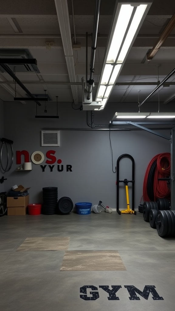 A garage gym with bright overhead lights and workout equipment.