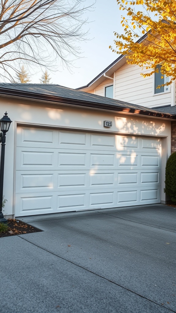 A white insulated garage door with a clean design, surrounded by trees and a well-kept driveway.