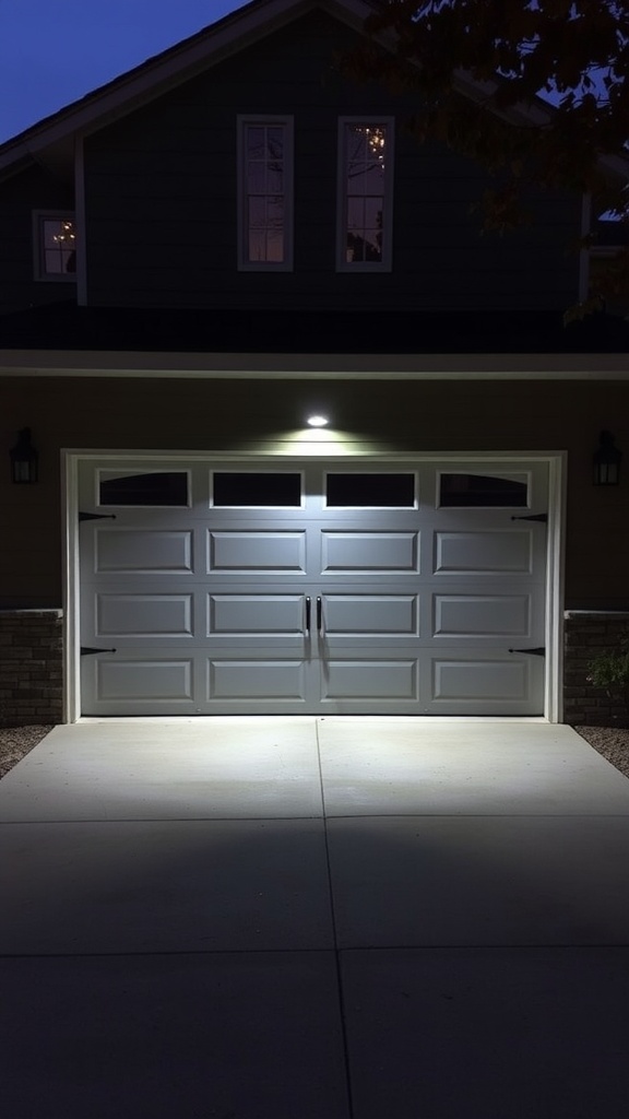A well-lit garage door at night, showcasing integrated lighting solutions.