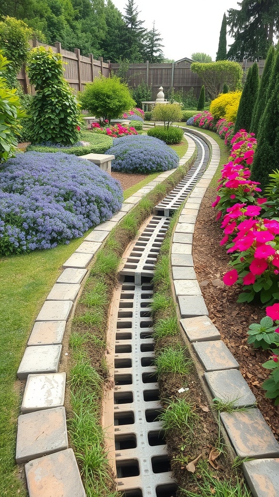 A landscaped garden featuring a French drain integrated with colorful flowers and greenery.