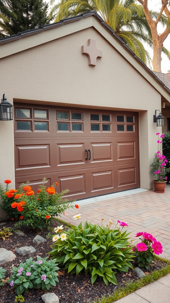 A brown garage door with decorative windows, surrounded by colorful flowers and plants.