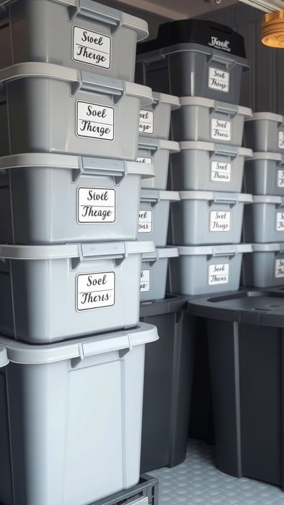 Stack of labeled gray storage bins in a garage