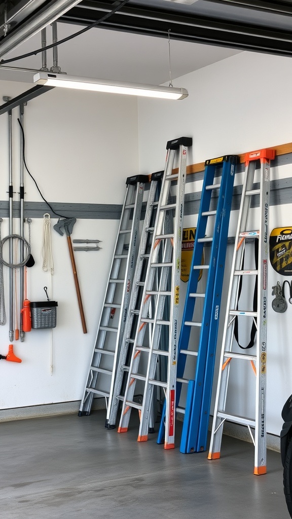 Organized garage with ladders stored against the wall