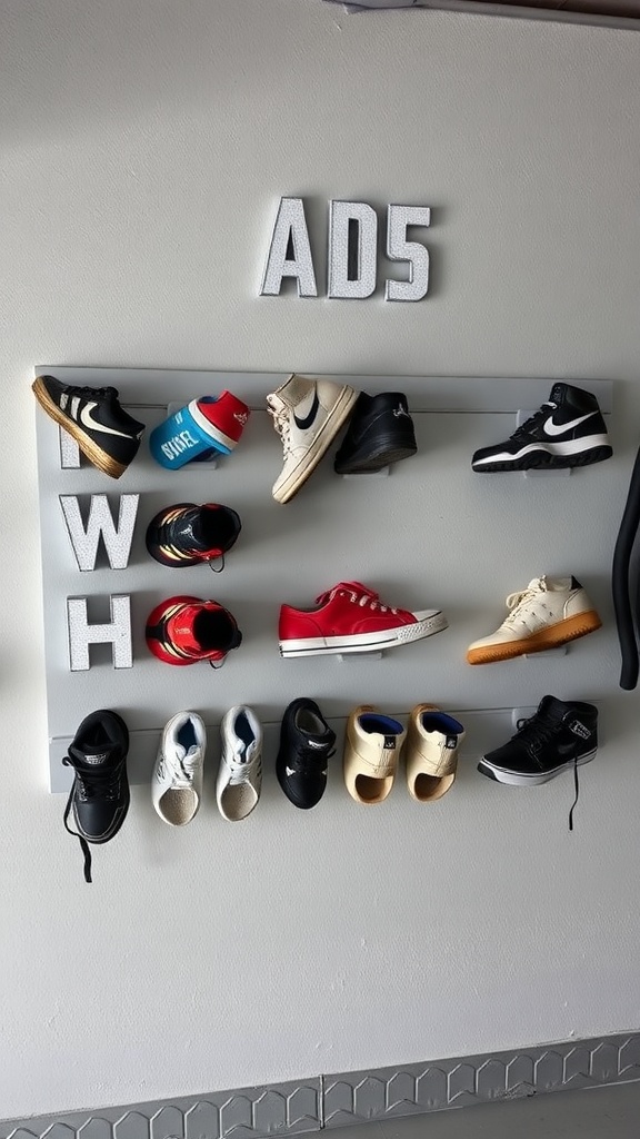 Magnetic shoe holders displaying various shoes in a garage