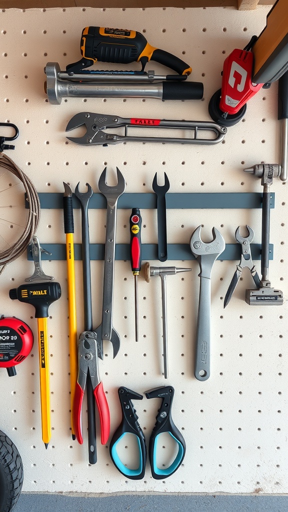 A variety of tools displayed on a pegboard with magnetic tool holders.