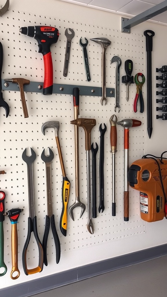 A variety of tools organized on a pegboard with magnetic tool holders in a garage.