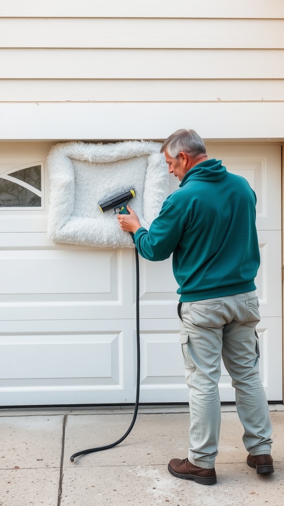 A person using a paint sprayer on a garage door, applying a fresh coat of paint.