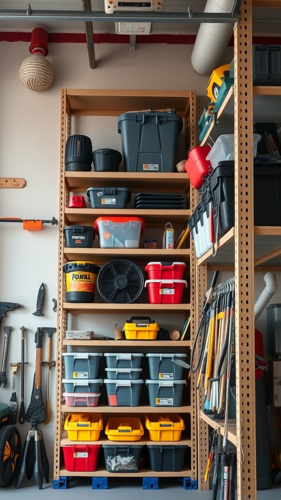 Tall garage shelving unit with various storage bins and tools organized neatly.