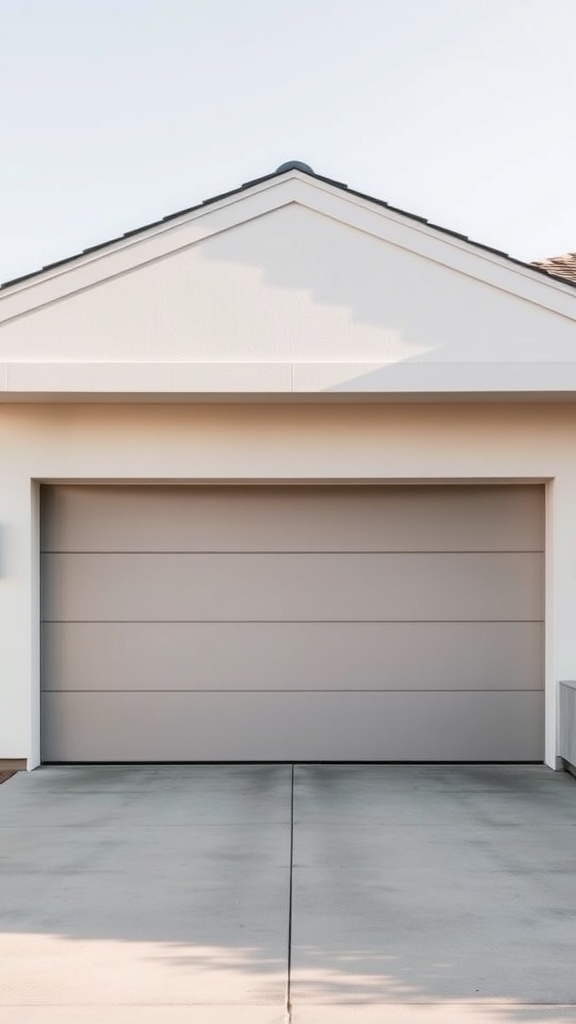 A modern minimalist garage door in soft gray with horizontal lines.