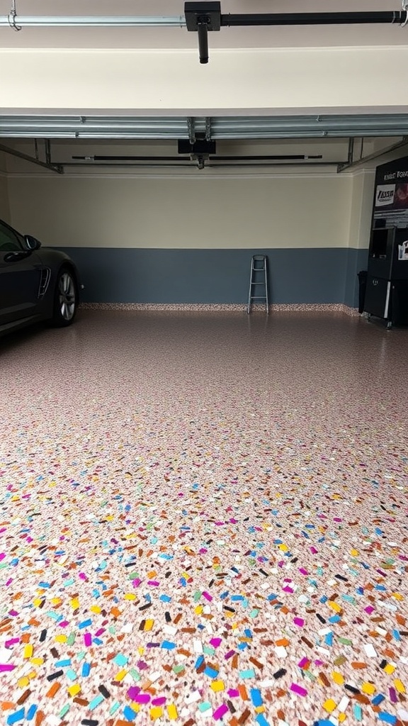 A garage floor with multi-colored epoxy flakes, showcasing a vibrant and unique design.
