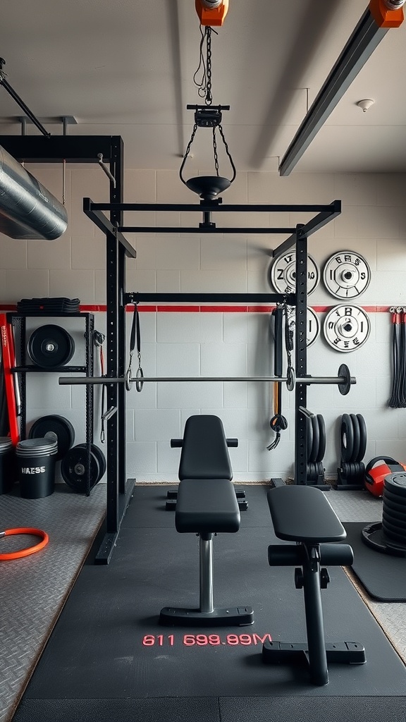 A garage gym featuring a multi-functional workout station with a squat rack, benches, and organized weights.
