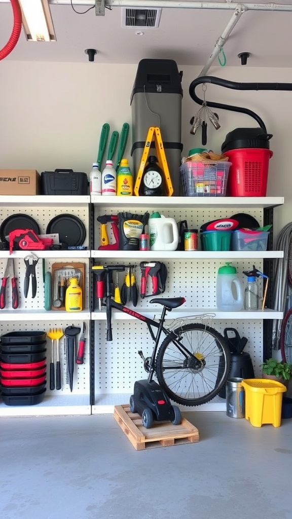 Organized garage shelving with tools, cleaning supplies, and a bicycle