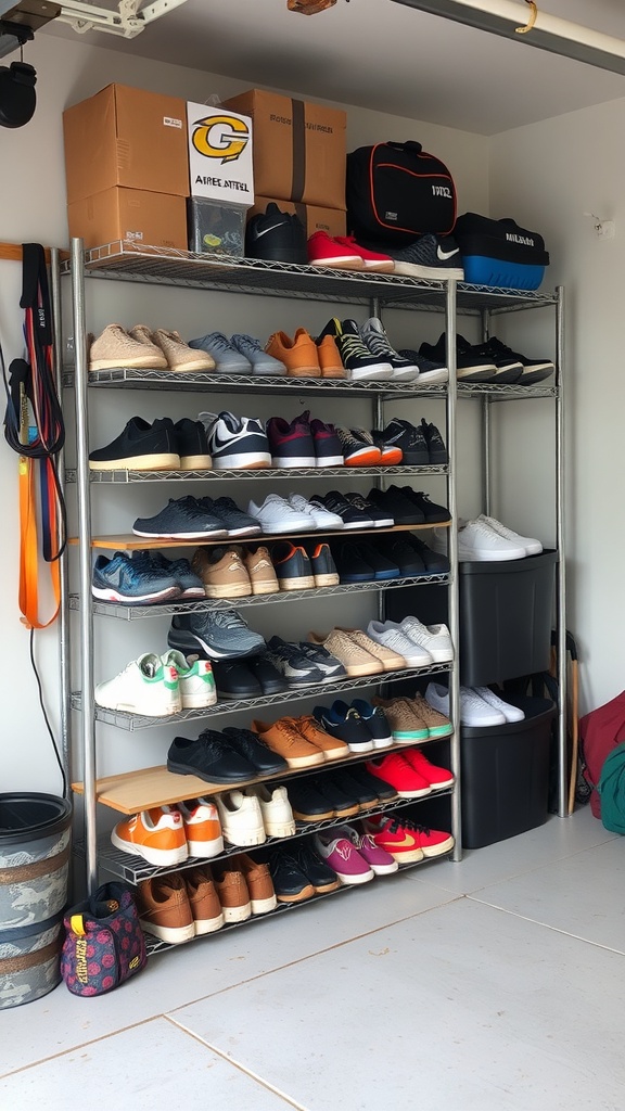 A multi-tiered shoe shelf in a garage displaying various types of shoes.