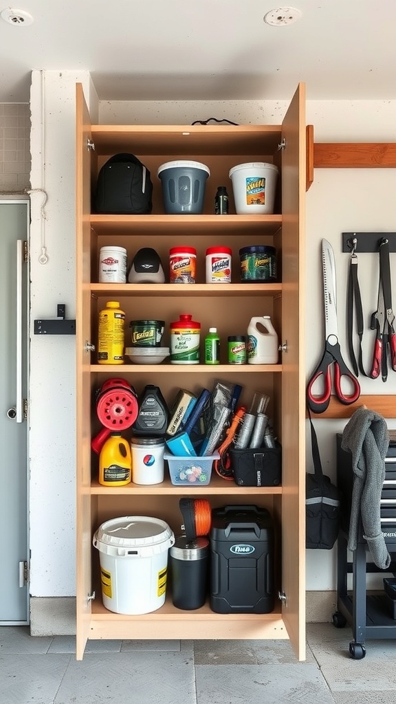 A narrow storage cabinet in a garage filled with various items like cleaning supplies, tools, and containers.