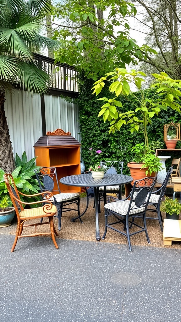 A cozy outdoor furniture setup featuring a round table and chairs surrounded by plants.