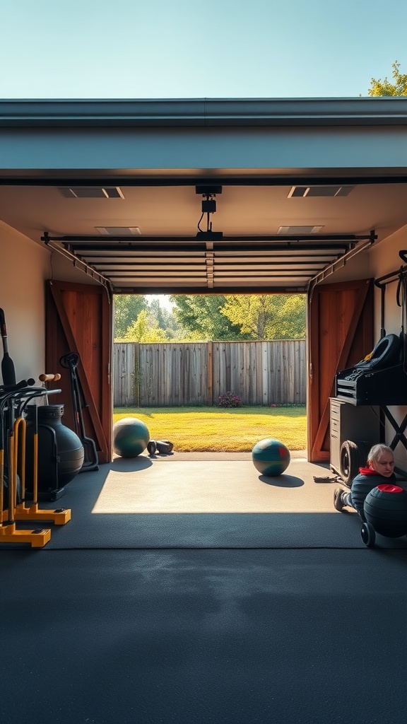 A spacious garage gym with open doors leading to a green lawn, showcasing various fitness equipment.