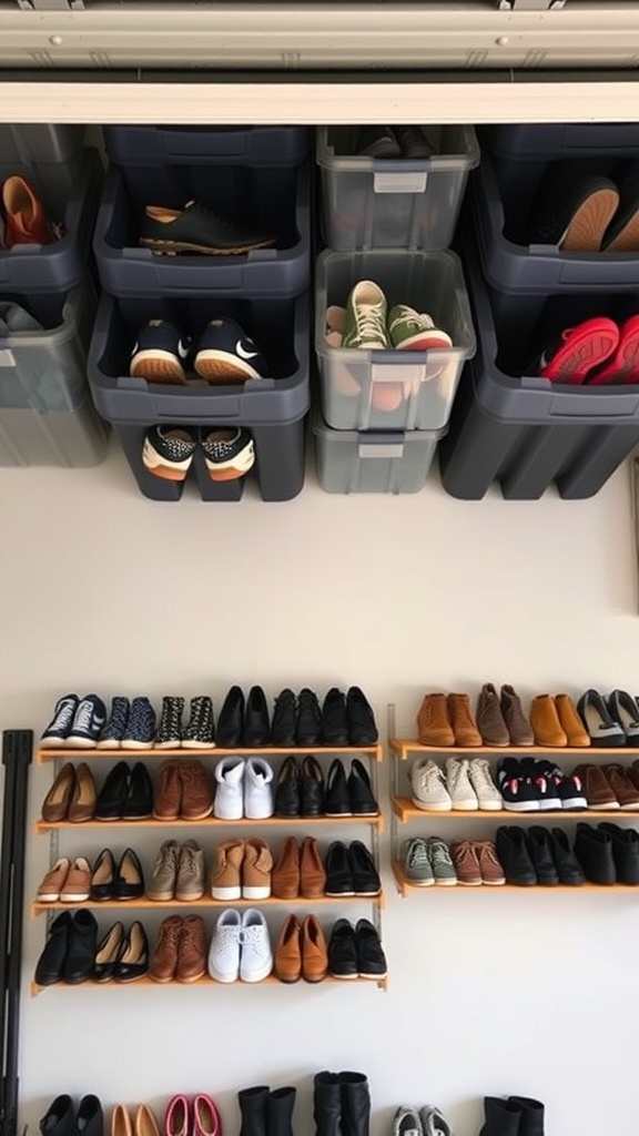 Organized overhead shoe storage bins in a garage with various shoes visible