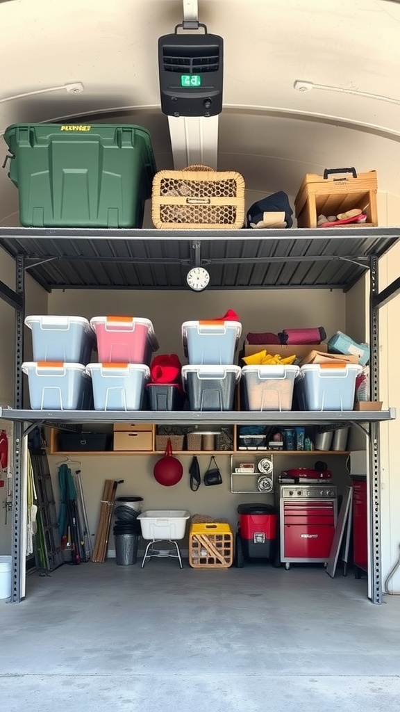Organized overhead storage racks in a garage with colorful bins and tools.