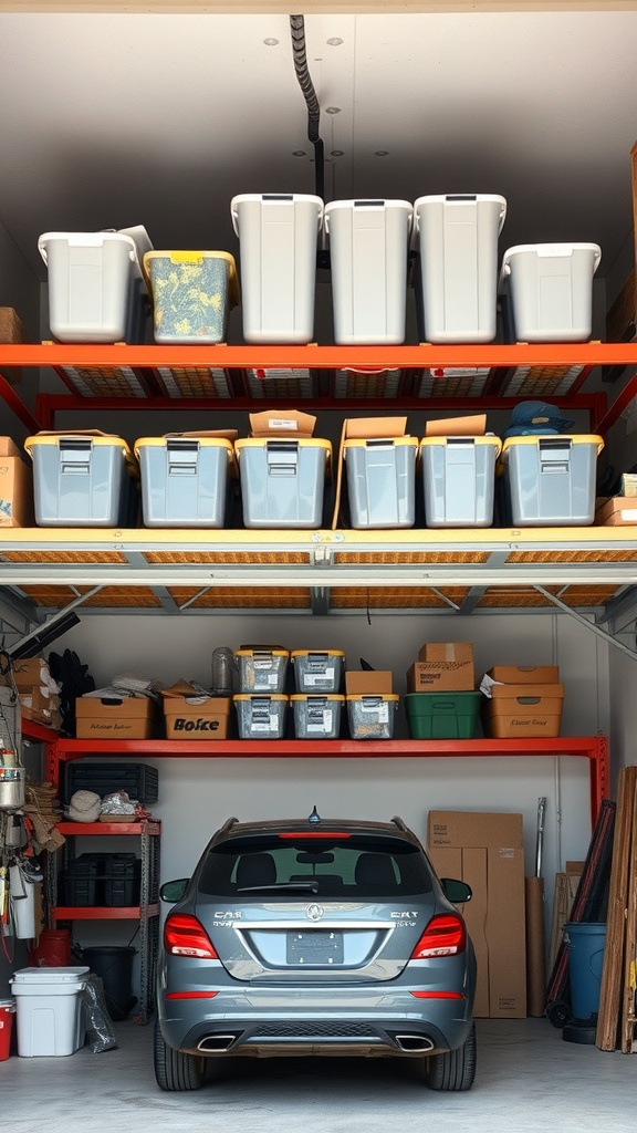 A garage with overhead storage racks filled with bins and a car parked below.