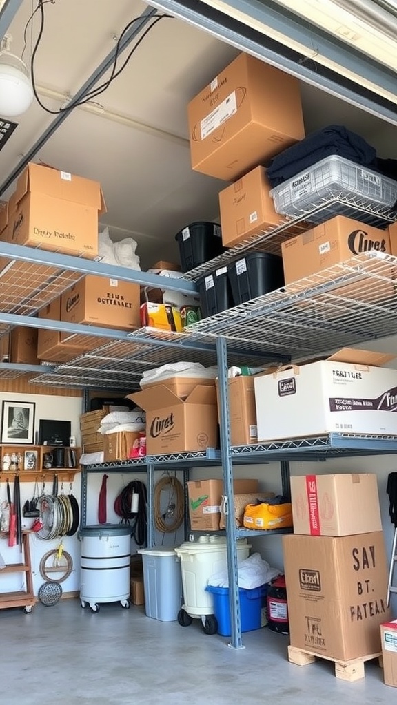 Organized garage with overhead metal shelving filled with boxes and storage bins.