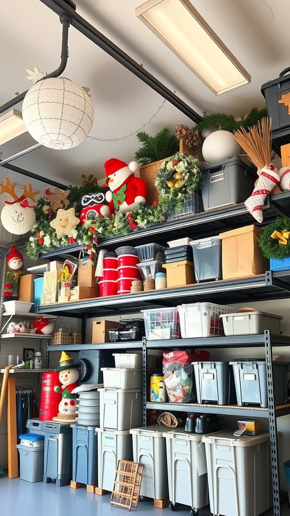 Organized garage with overhead storage for seasonal items, featuring bins and decorations.