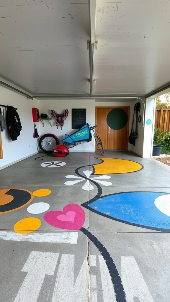 Colorful painted concrete garage floor with flowers and playful designs.