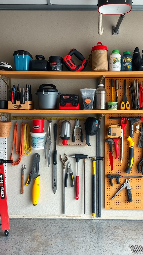 A garage with a pegboard and shelving units displaying various tools and storage containers.