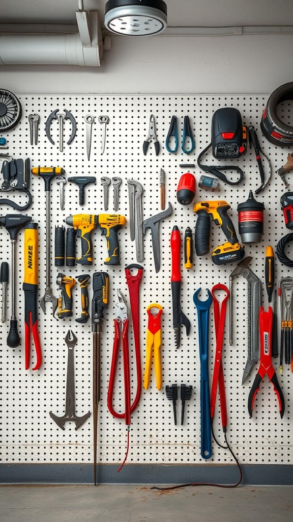 A pegboard filled with various tools organized neatly in a garage.