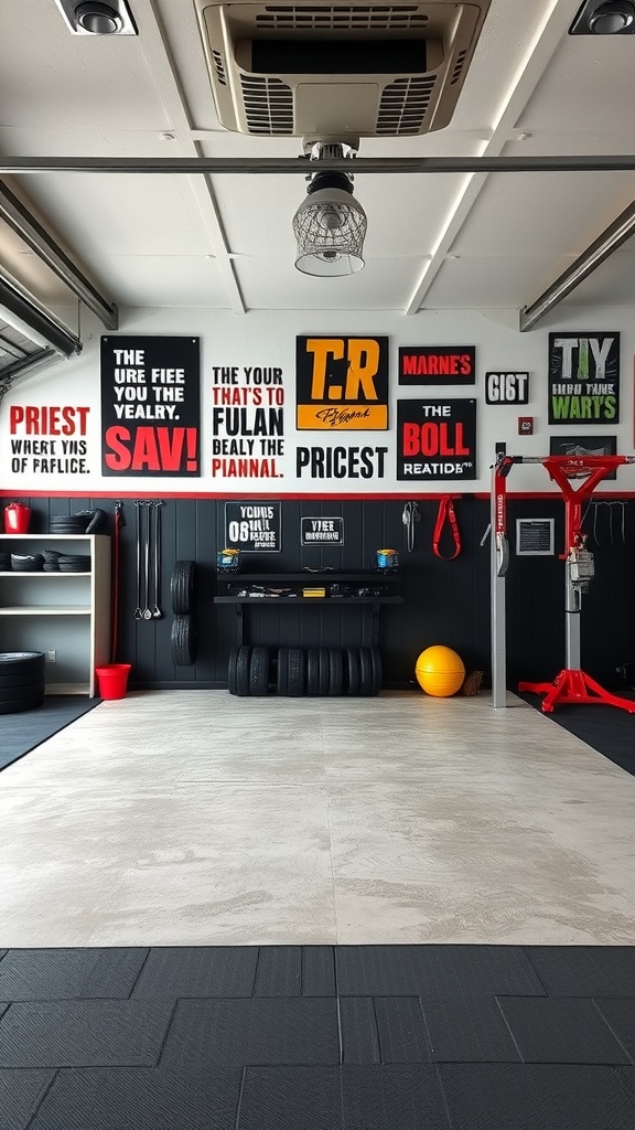 A garage gym with personalized wall art featuring motivational phrases and a clean workout space.