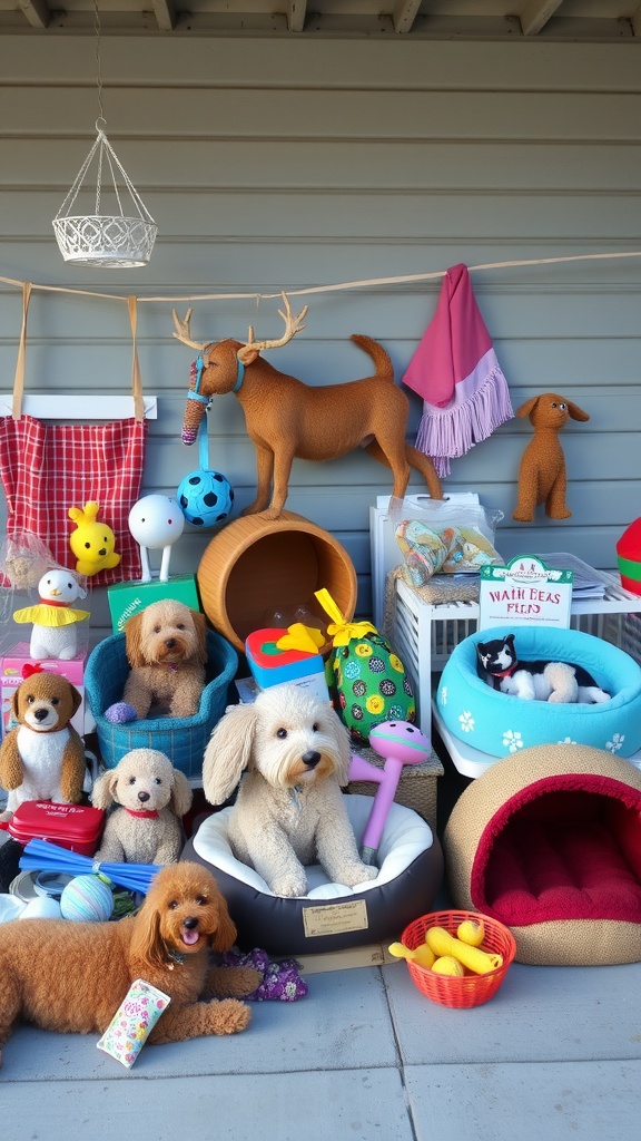 A colorful display of pet supplies including plush toys, pet beds, and accessories at a garage sale.