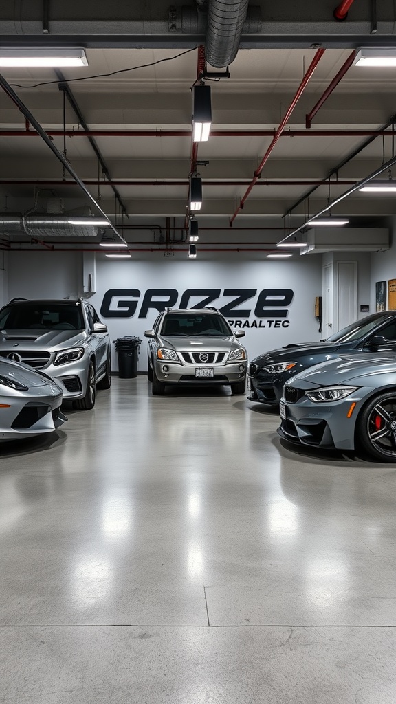 A modern garage with polished concrete flooring and several vehicles parked.