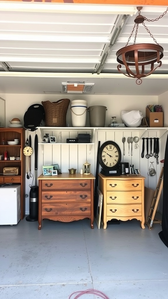 A garage featuring repurposed furniture including dressers and shelves for storage.