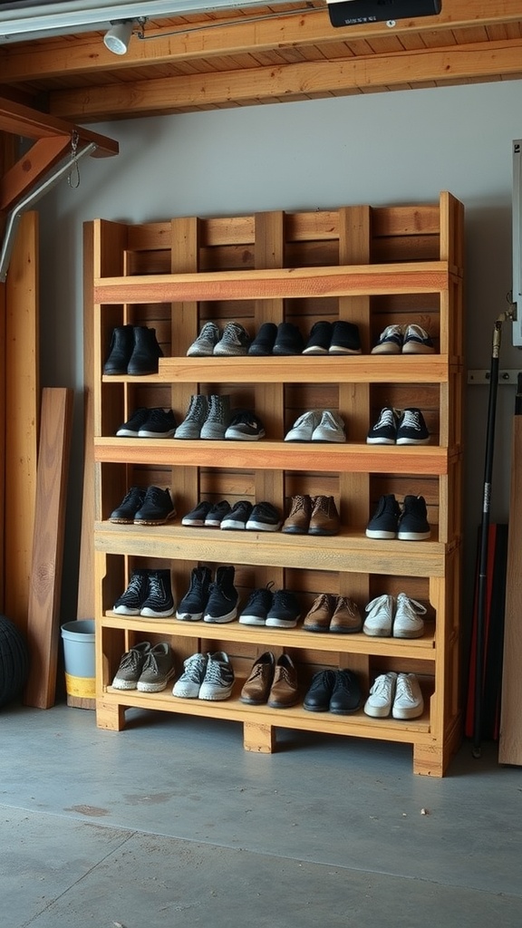 A wooden pallet shoe rack filled with various pairs of shoes in a garage setting.