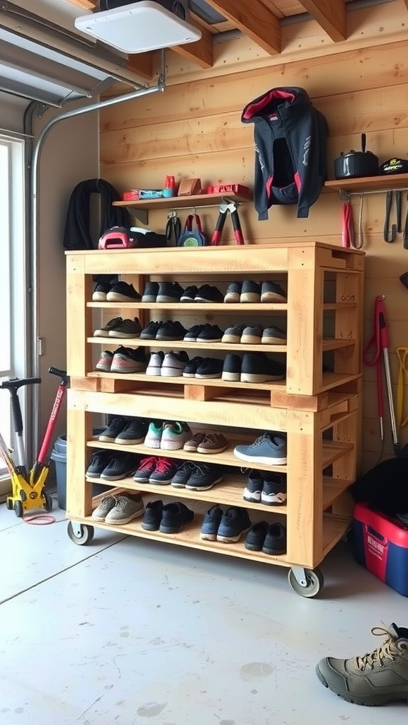 A wooden pallet shoe storage rack in a garage, showcasing multiple shelves filled with various shoes.