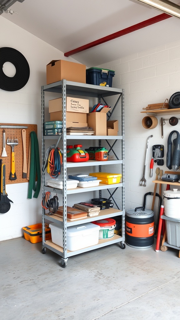 A metal rolling shelf unit in a garage, filled with storage boxes and tools.