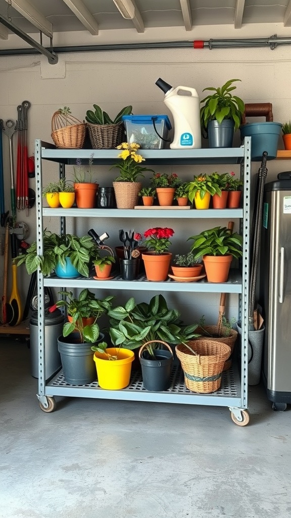 A rolling shelving cart filled with various plants and gardening supplies in a garage.