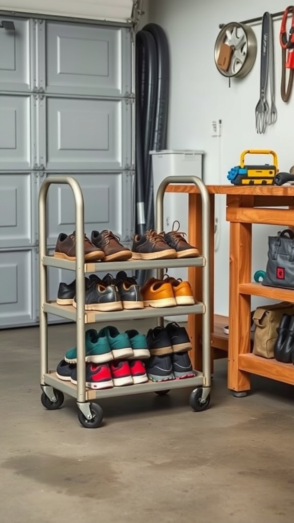 A rolling shoe cart with multiple shelves filled with various pairs of shoes in a garage setting.