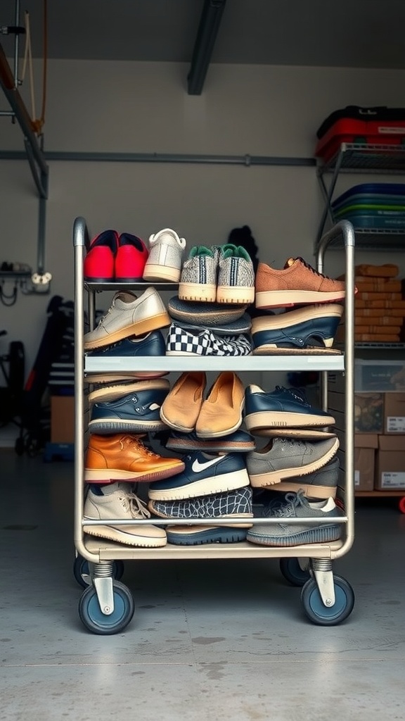 A rolling shoe cart filled with various types of shoes in a garage setting.