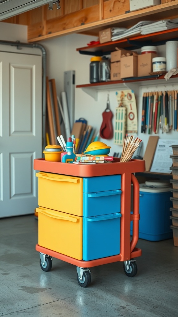 A colorful rolling storage cart with blue and yellow drawers, filled with art supplies, in a garage setting.