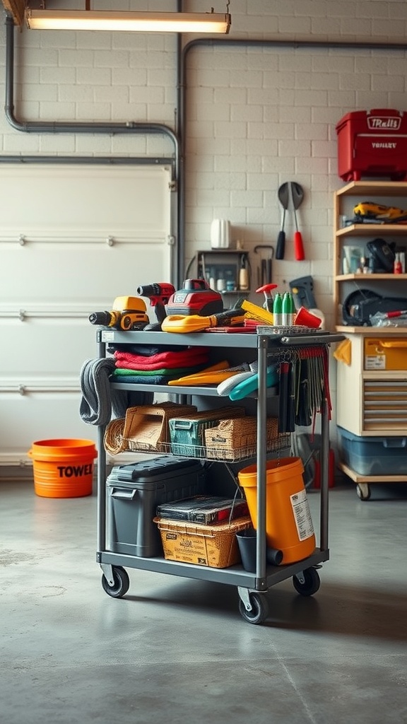 A rolling storage cart filled with tools and supplies in a garage setting.
