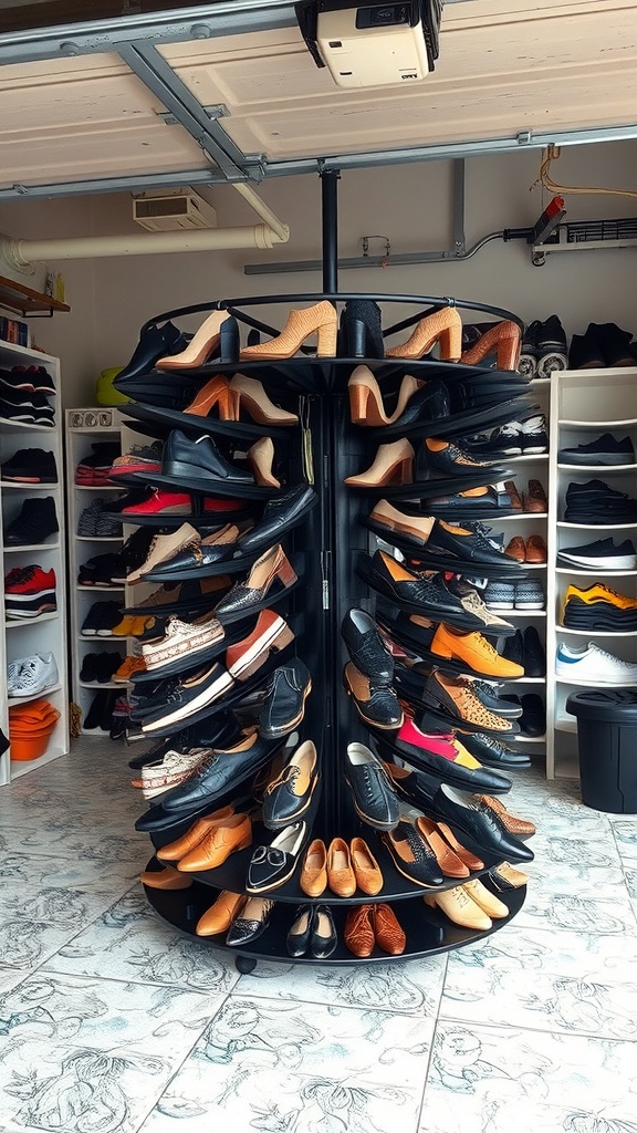 A rotating shoe carousel displaying various styles of shoes in a garage setting.