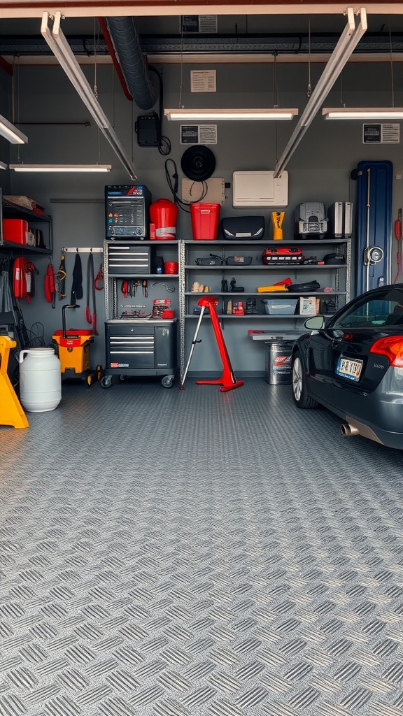 A well-organized garage featuring rubber flooring with a textured pattern, showcasing various tools and equipment.