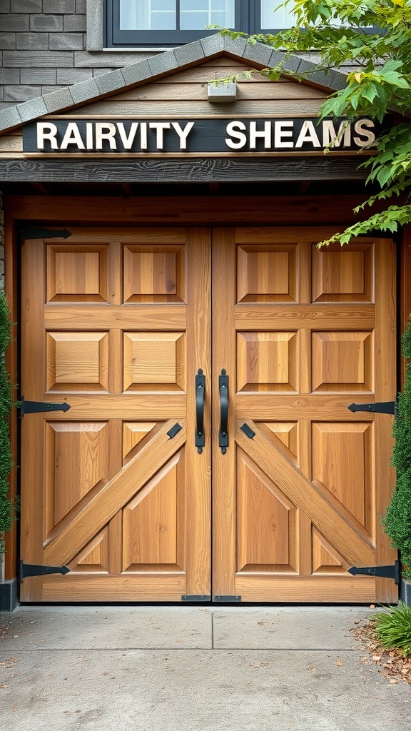 A rustic wooden garage door with diagonal braces and dark hardware.