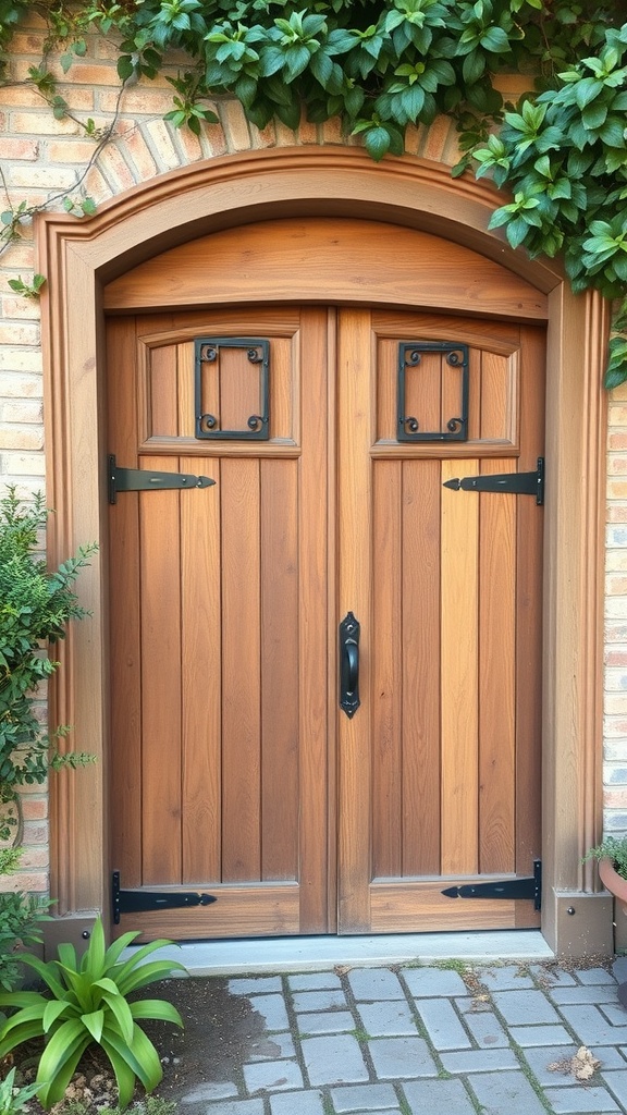 A rustic wooden garage door with black metal hardware, surrounded by greenery.