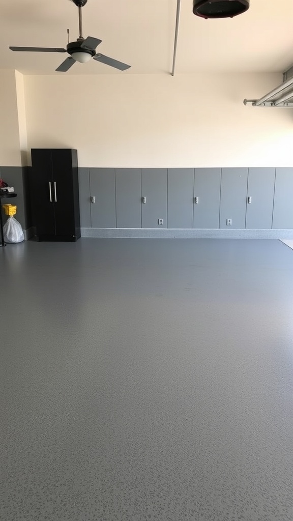 A clean and polished gray sealed concrete garage floor with gray walls and a ceiling fan.