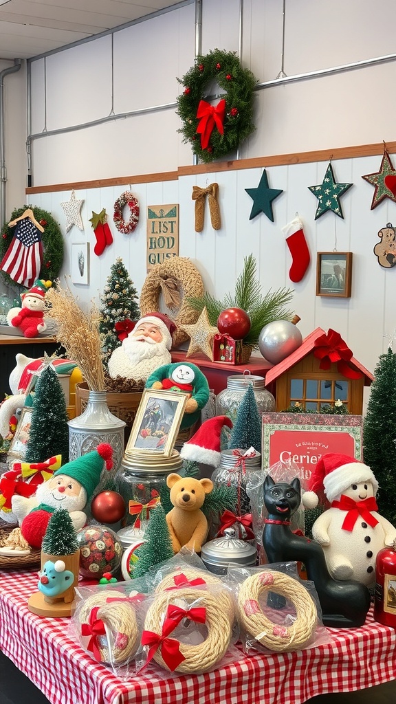 A display of seasonal decorations and holiday items including Santa figures, snowmen, wreaths, and small Christmas trees on a checkered tablecloth.