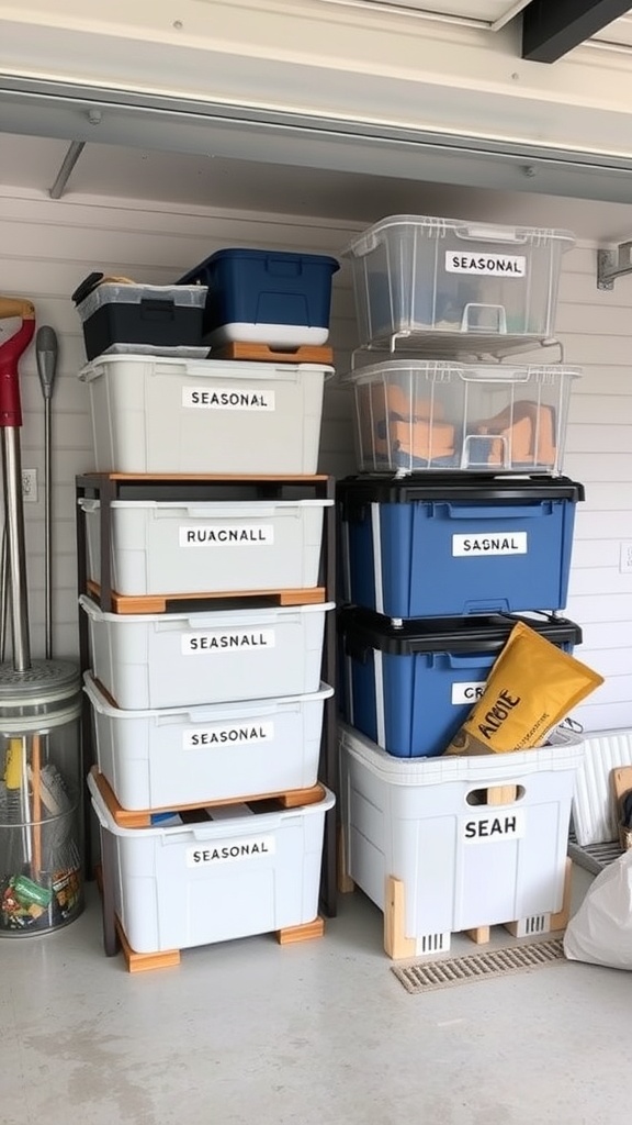 Organized garage storage with labeled bins for seasonal items.