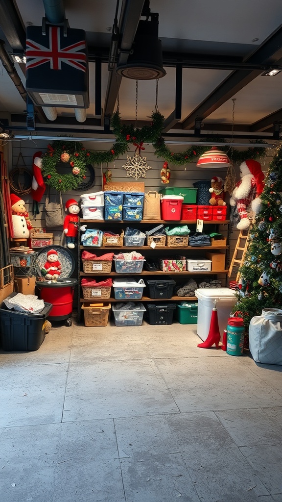A well-organized garage with seasonal decorations and storage bins.