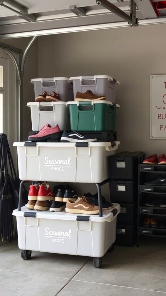 Organized seasonal shoe storage in a garage with labeled bins and stacked containers.