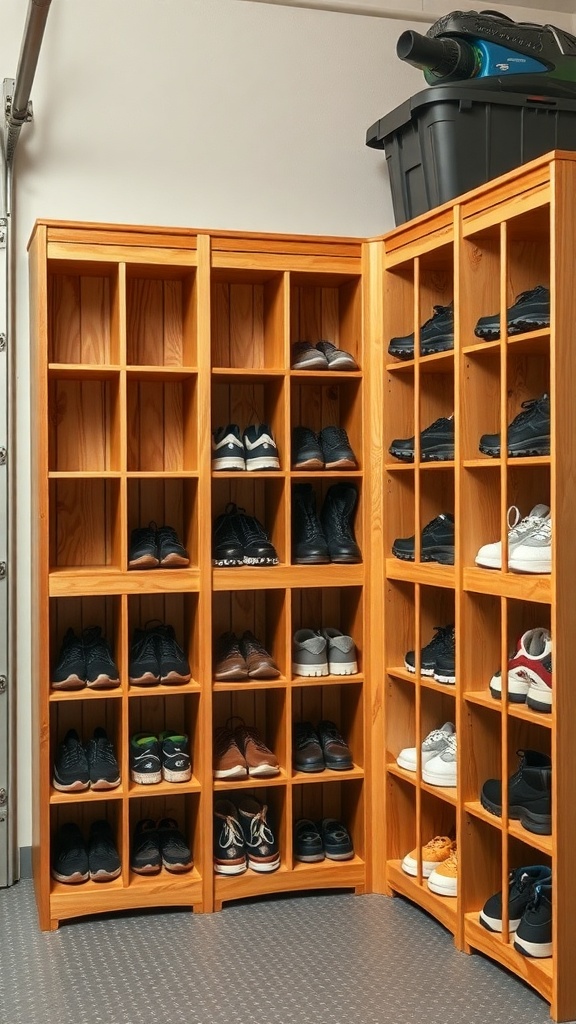 Wooden shoe cubbies in a garage, neatly organized with various pairs of shoes.